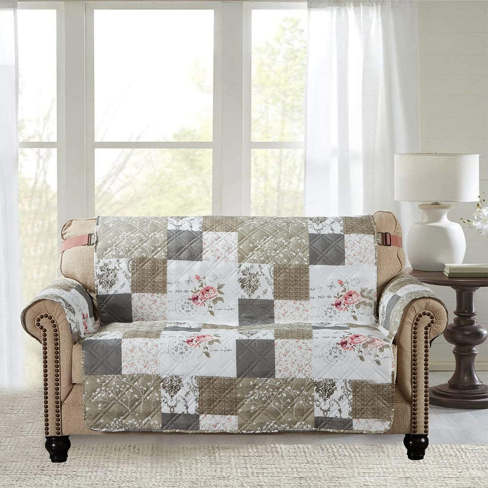 Brilliant Sunshine Pink Rose & Grey Toile Couch Loveseat Slip Cover