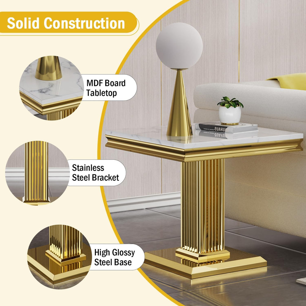 Henf 23in Square End Table Faux Marble End Table with Pillar Stainless Steel ...