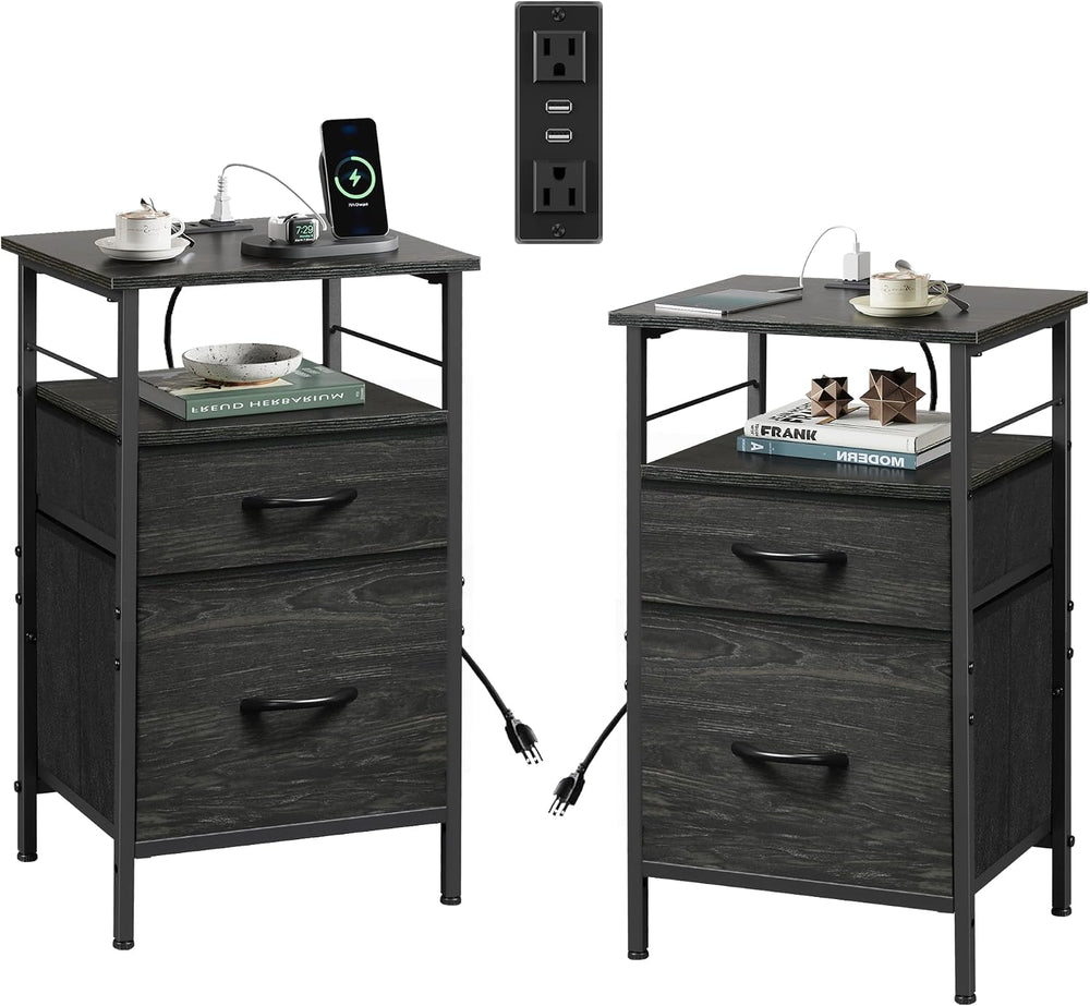 WLIVE Night Stand Set 2, Black Nightstand with Charging Station, Bedside Tabl...