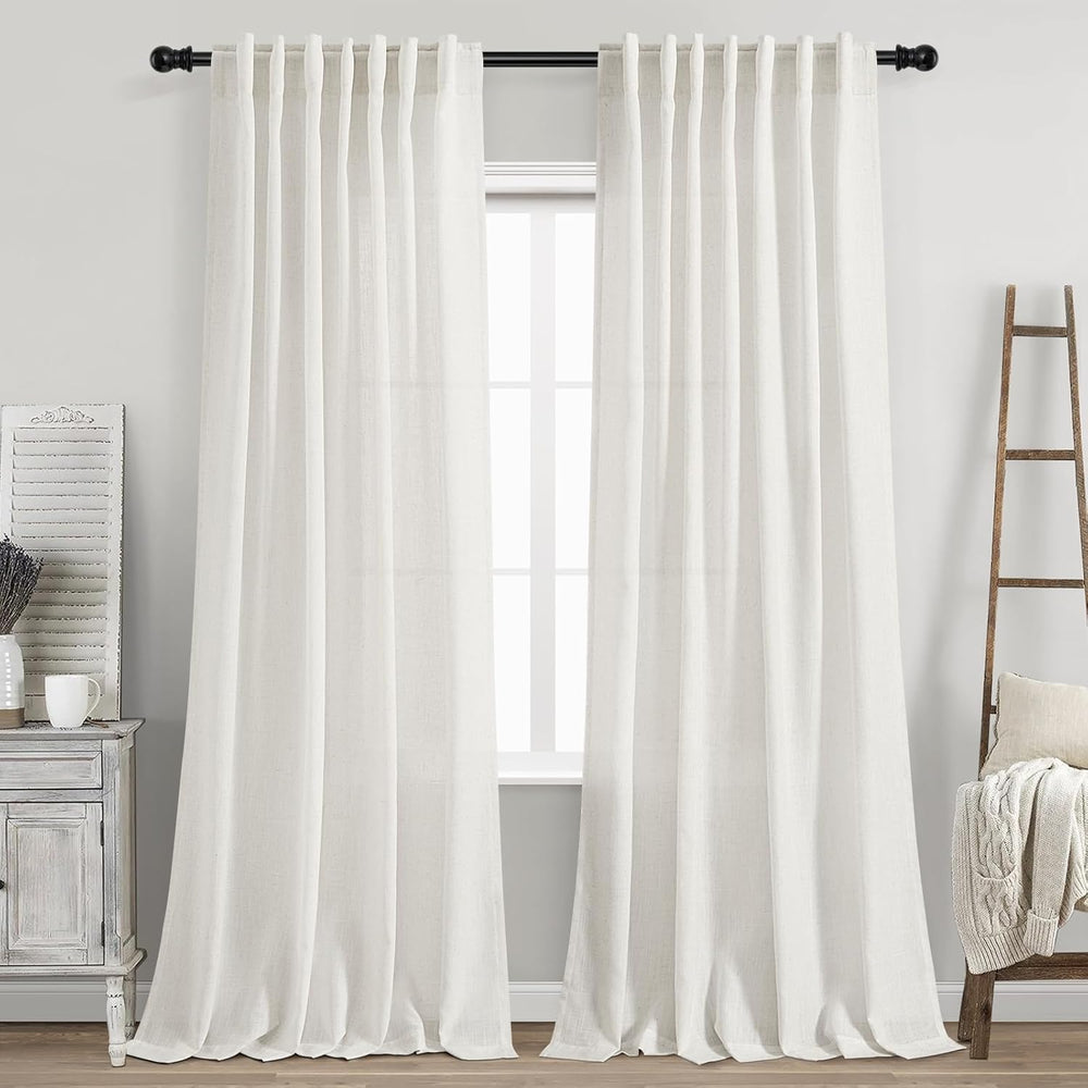 Nanspring Beige White Linen Curtains 84 Inch Length 2 Panels Set for Living R...