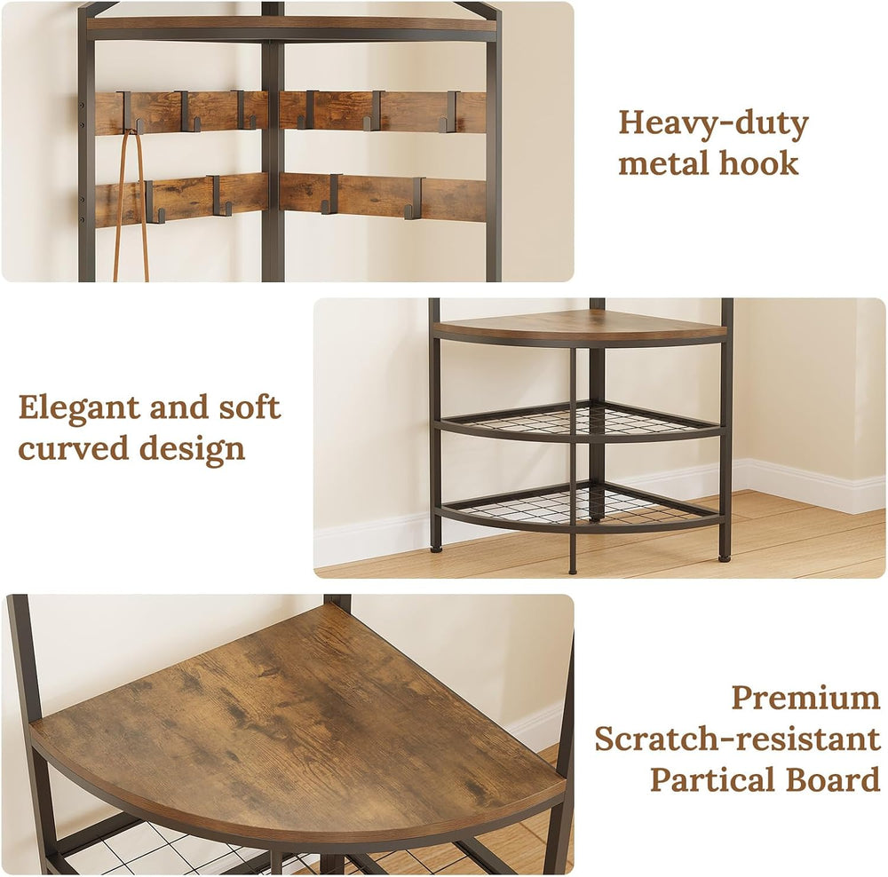 GiftGo Corner Hall Tree with Shoe Bench Entryway Coat Rack with 10 Metal Mova...