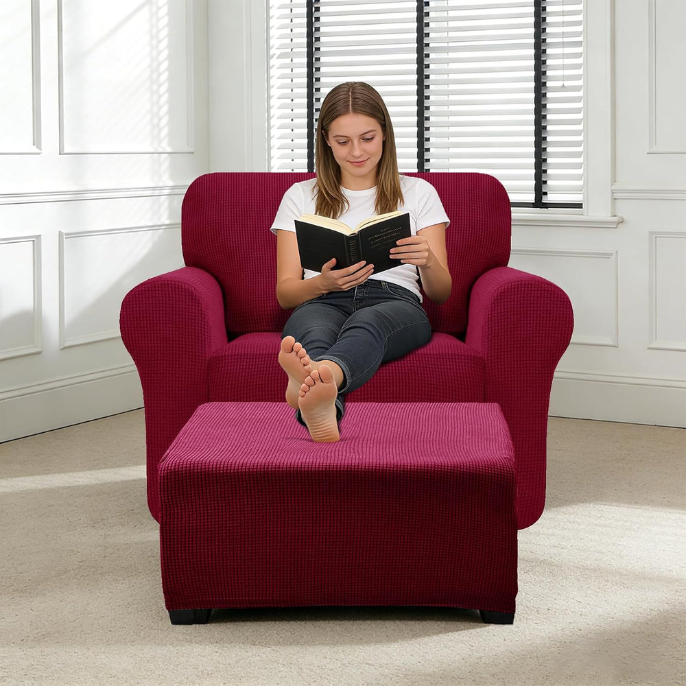 3 Piece Stretch Matching Chair and Ottoman Slipcover Set, Jacquard Arm Chair/...