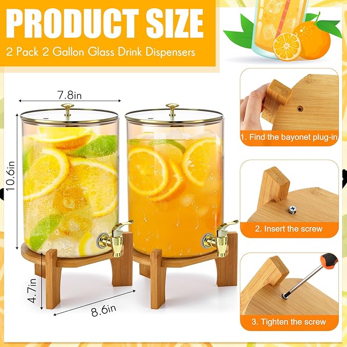 Honeydak 2 Pack 2 Gallon Each Amber Glass Drink Dispensers