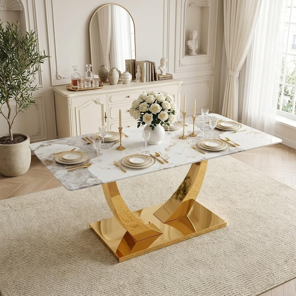 Faux Marble Dining Table, 71" Modern Dining Table, White, for 6-8