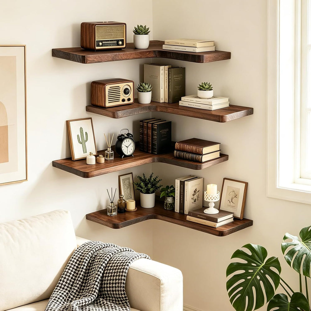 Solid Wood Corner Floating Shelves, L-Shaped, Brown, Set of 4