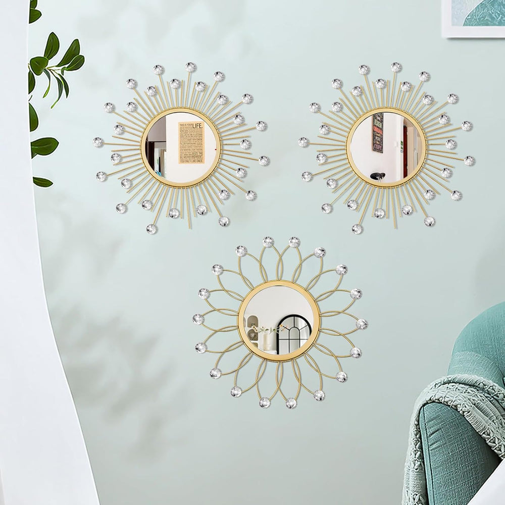 3 Pack Metal Mirrors for Wall Sunburst Wall Mirror Gold Crystal Home Accent