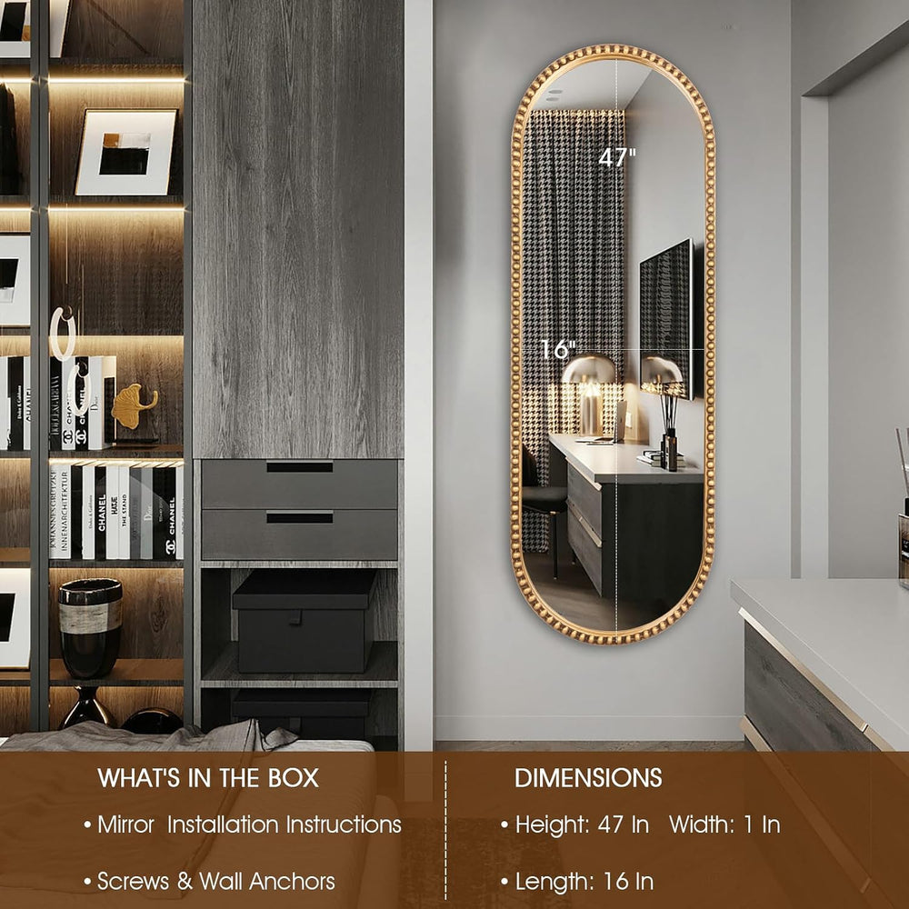 Oval Full Length Mirror, 16"x47" Metal Beaded Frame Large Hanging D...