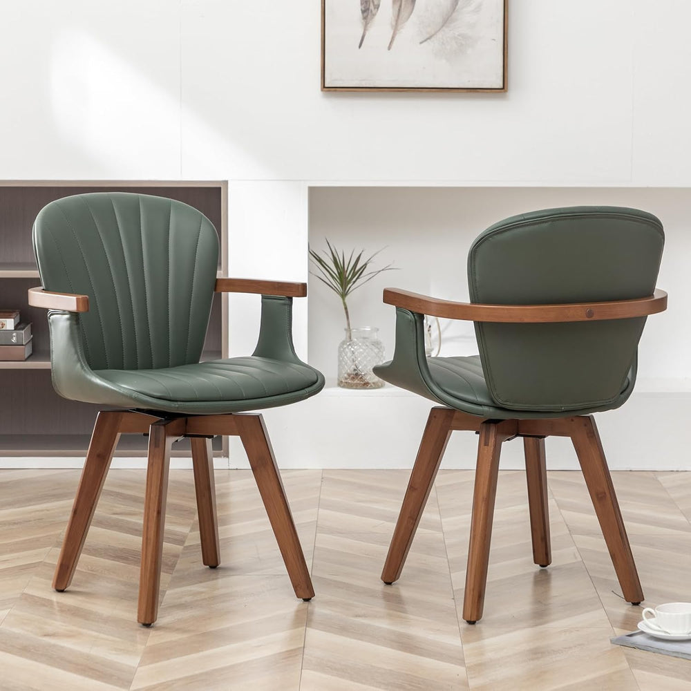 LUNLING Swivel Dining Room Chairs Set of 2, Mid Century Modern Green Faux Lea...