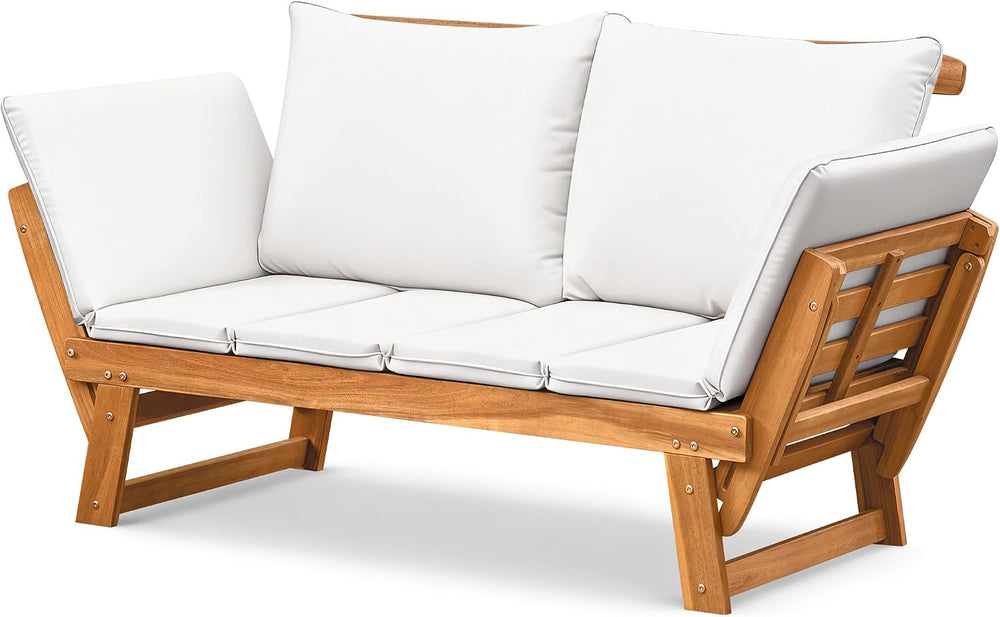 Flamaker Outdoor Couch with Adjustable Armrests, Acacia Wood Patio Loveseat w...