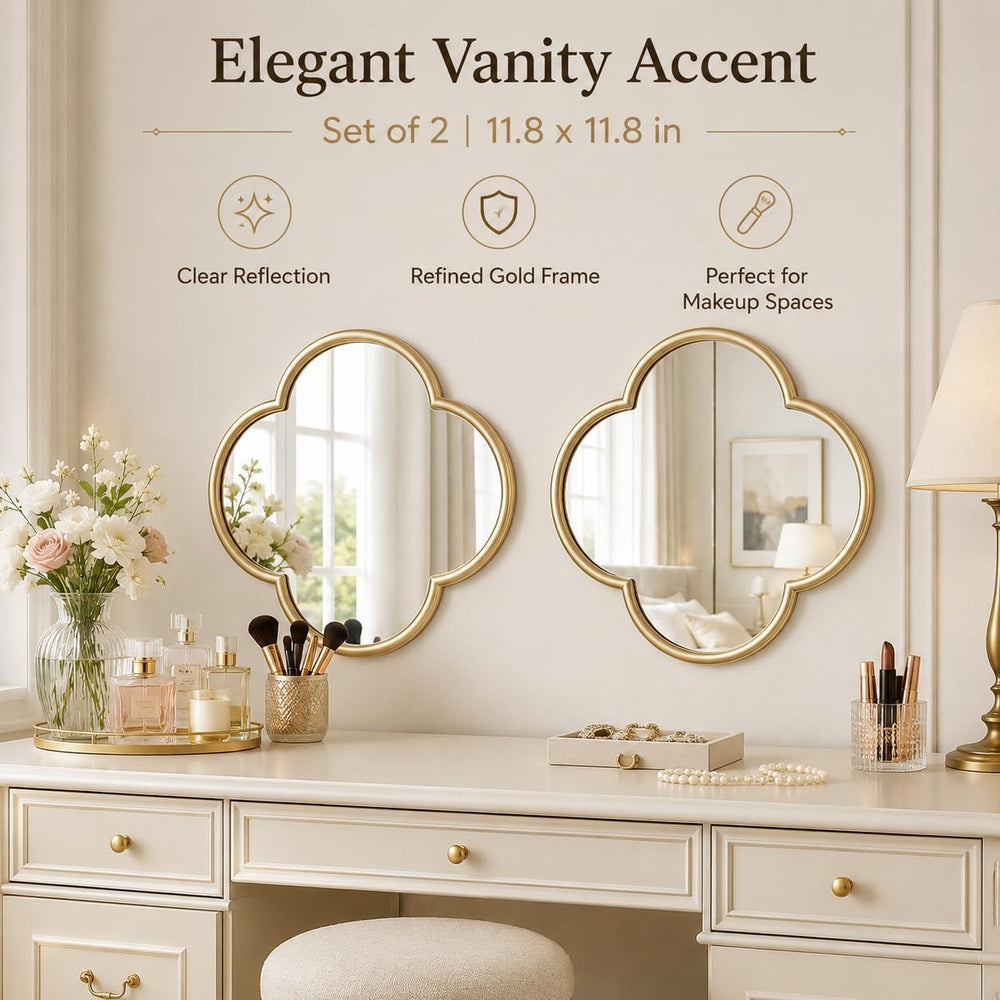 2 Pack Clover Wall Mirrors, Real Glass Decorative Mirrors with Metal Frame, 1...
