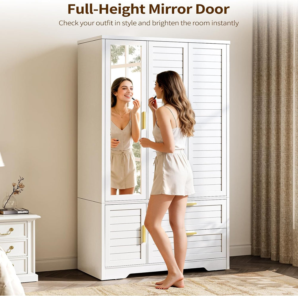 Armoire Wardrobe Closet with Mirror - 71“ Wood Clothing Storage Cabinet, Ward...