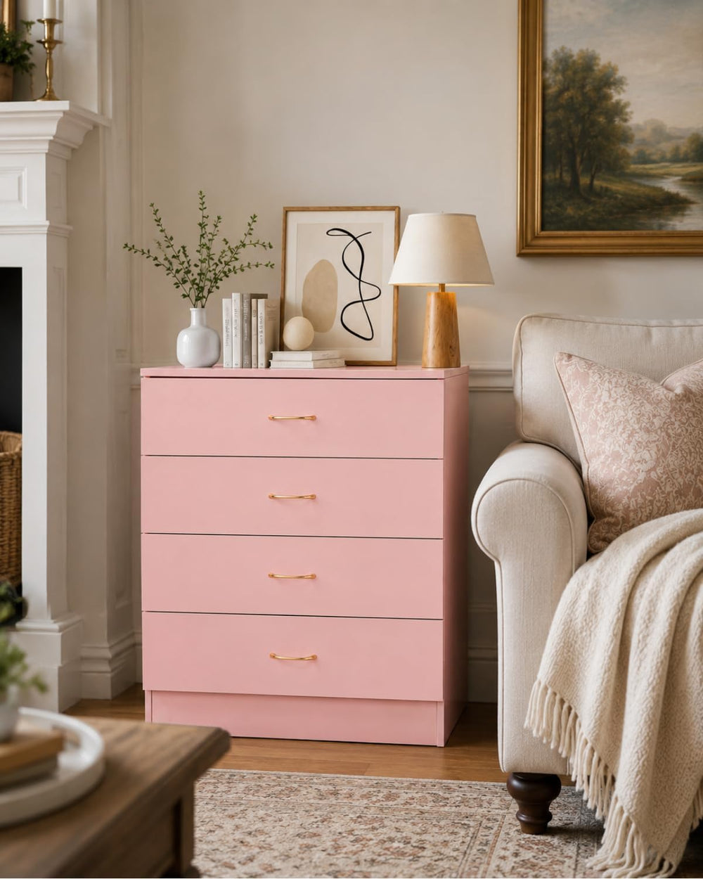 Karl home Pink 4 Drawer Dresser, Modern Small Chest of Drawers
