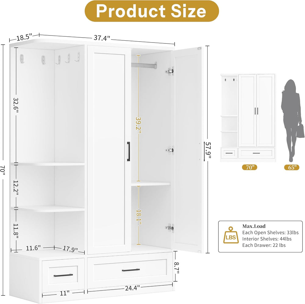 DynJest Armoire Wardrobe Closet with 2 Drawers, 70" Tall Clothing Storag...