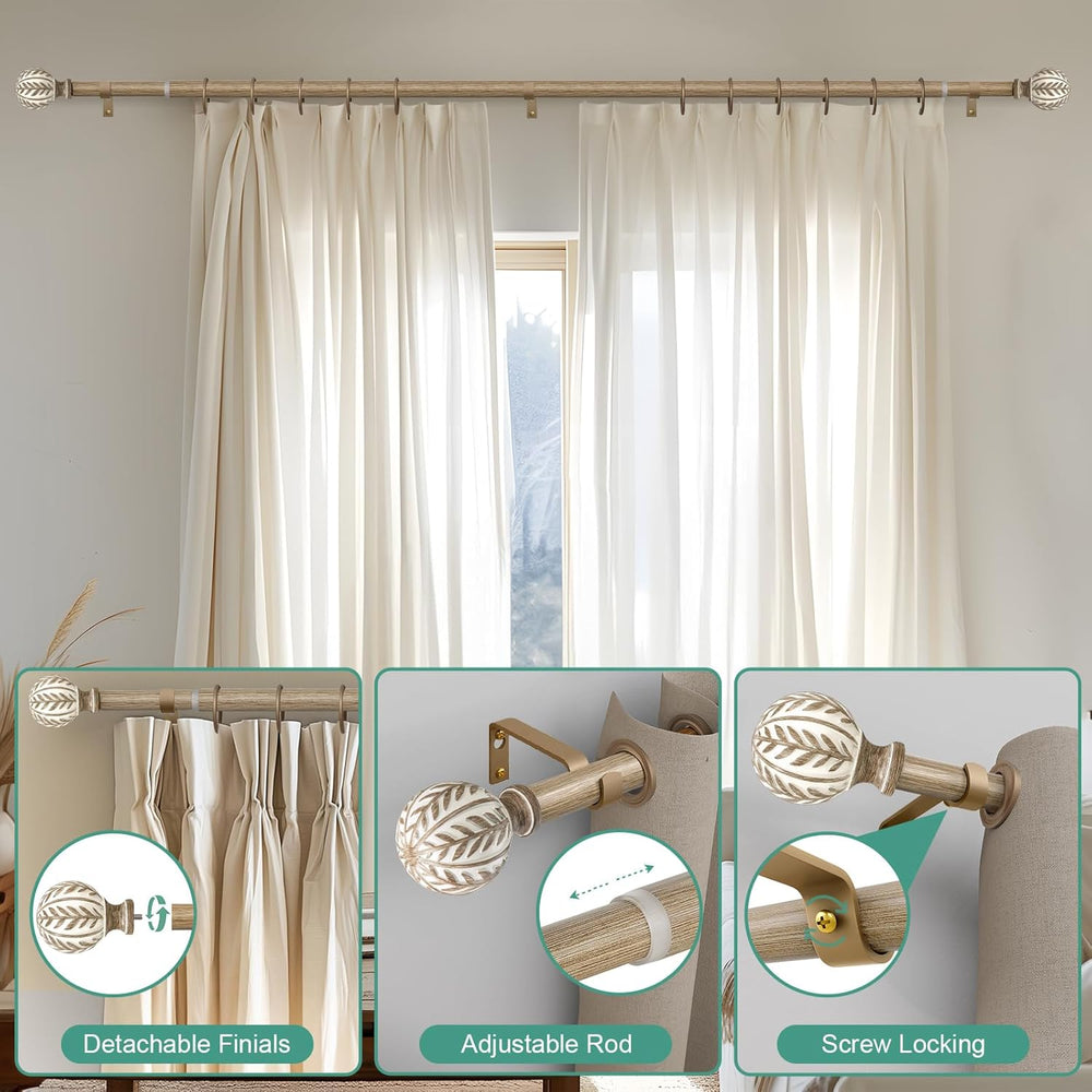 QDWIS 2 Pack Boho Wood Curtain Rods for Windows 28 to 48 inch,1" Adjusta...