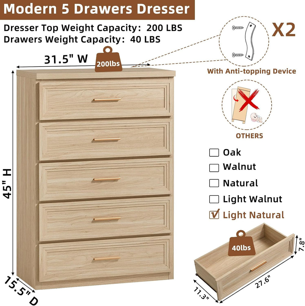 RWYHG Dresser Set for Bedroom 5 Drawers Wood Vertical 45" Tall Gold Handle