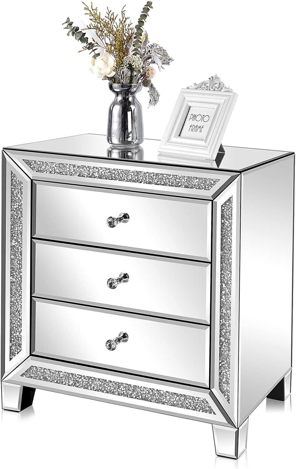 VINGLI Mirrored Nightstand Glass End Table, 23" W Silver Night Stand for...