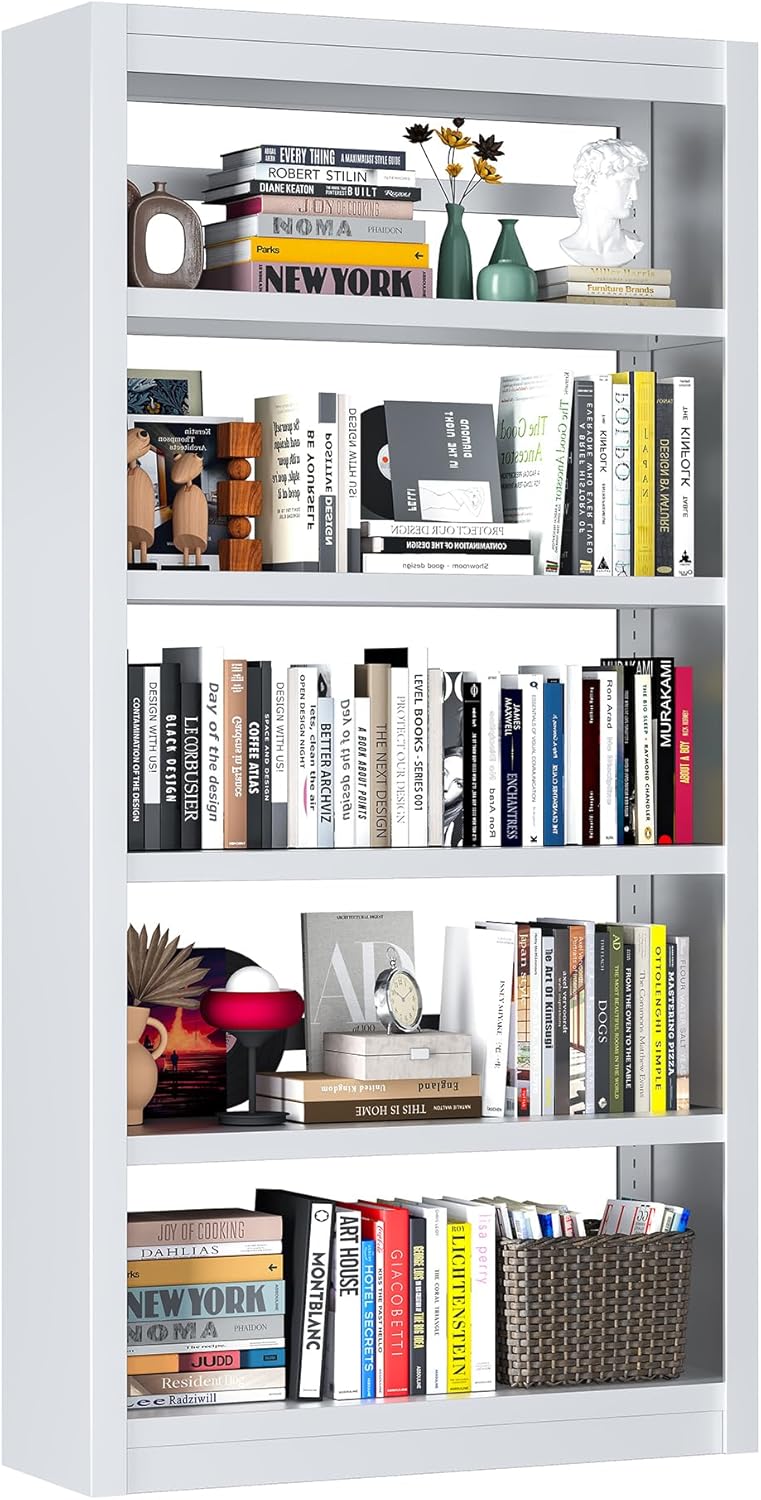 Bookcase, 5-Shelf Industrial Bookshelf, Large Storage Space, Adjustable Books...