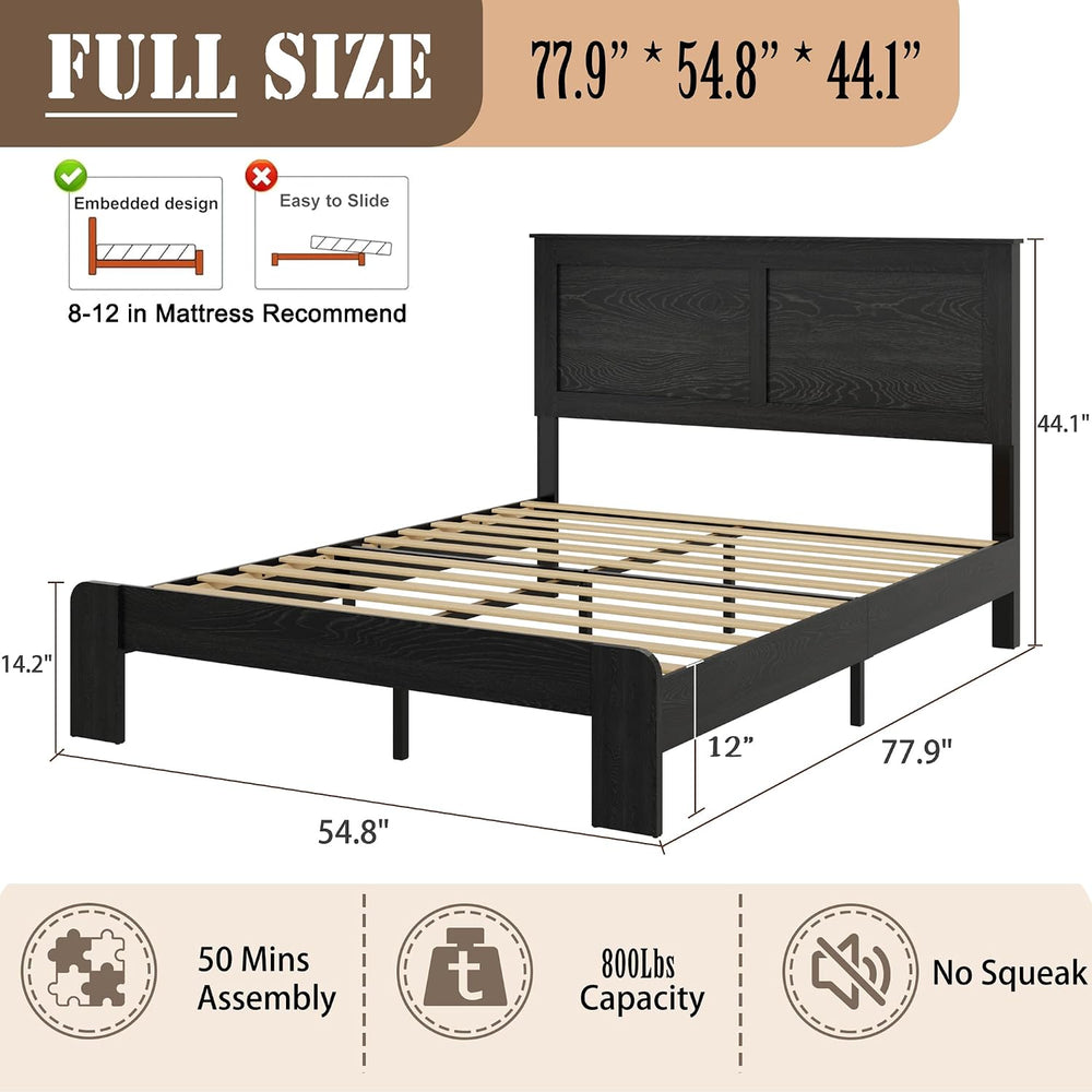 Wooden Bed Frame Full Size with Headboard, Farmhouse Platform Bed