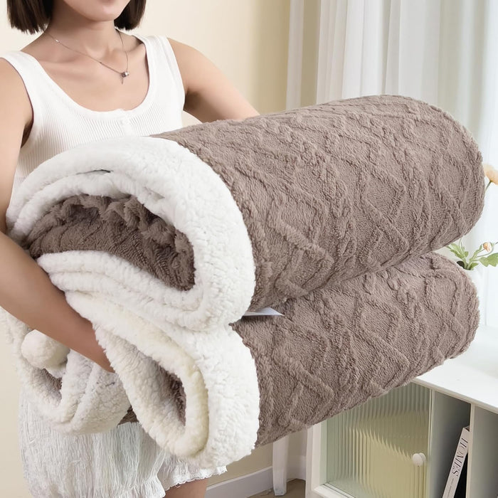 Full Size Reversible Sherpa Fleece Soft Blanket,Khaki,80"x90"