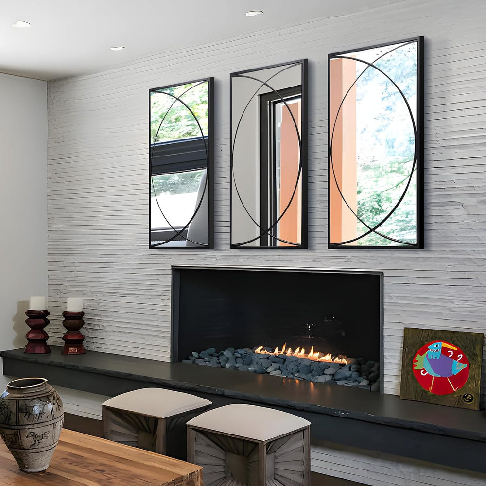 3-Piece Large Black Metal Rectangular Wall Mirror Set, Geometric Mirror