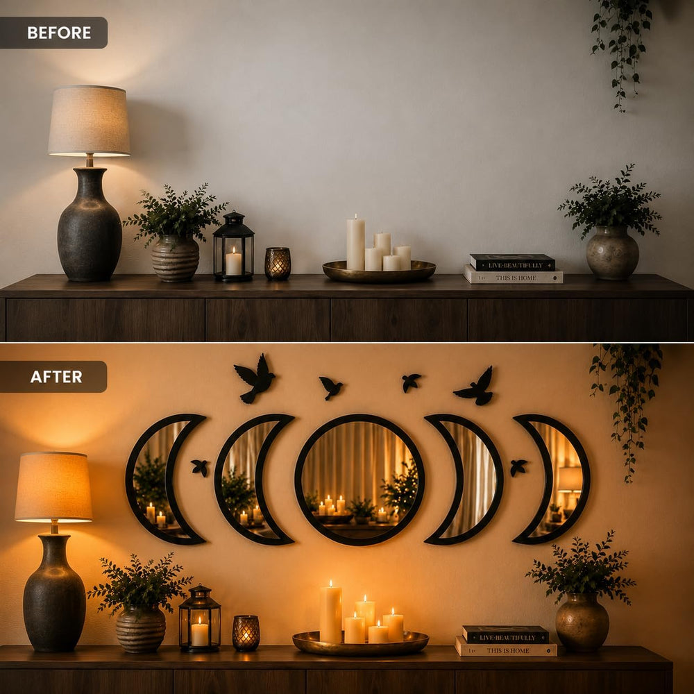 NESHE Moon Phase Mirror Wall Decor Set with Birds | Gothic Witchy Boho Wall M...