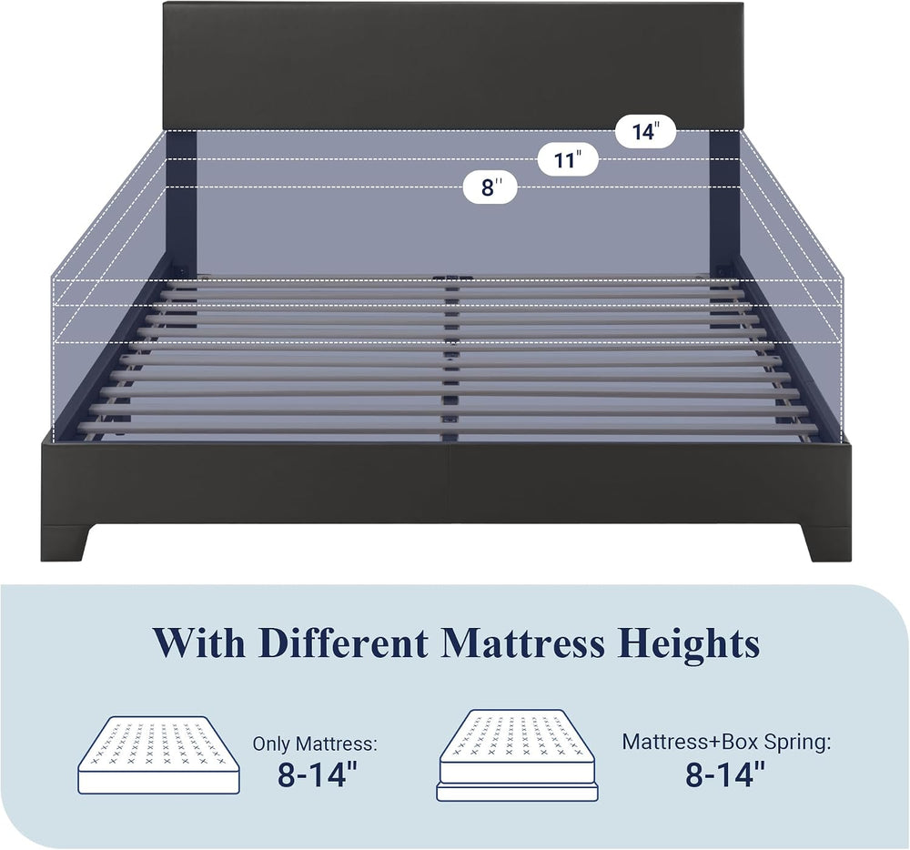 Allewie Full Size Faux Leather Bed Frame, Adjustable Headboard, Black