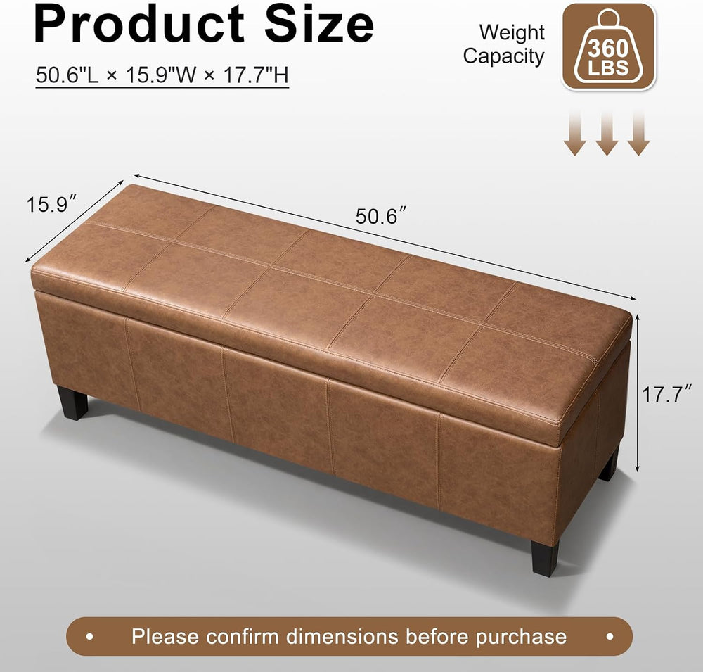 Faux Leather Storage Bench Ottoman, 50 Inch Upholstered Storage Bench with La...