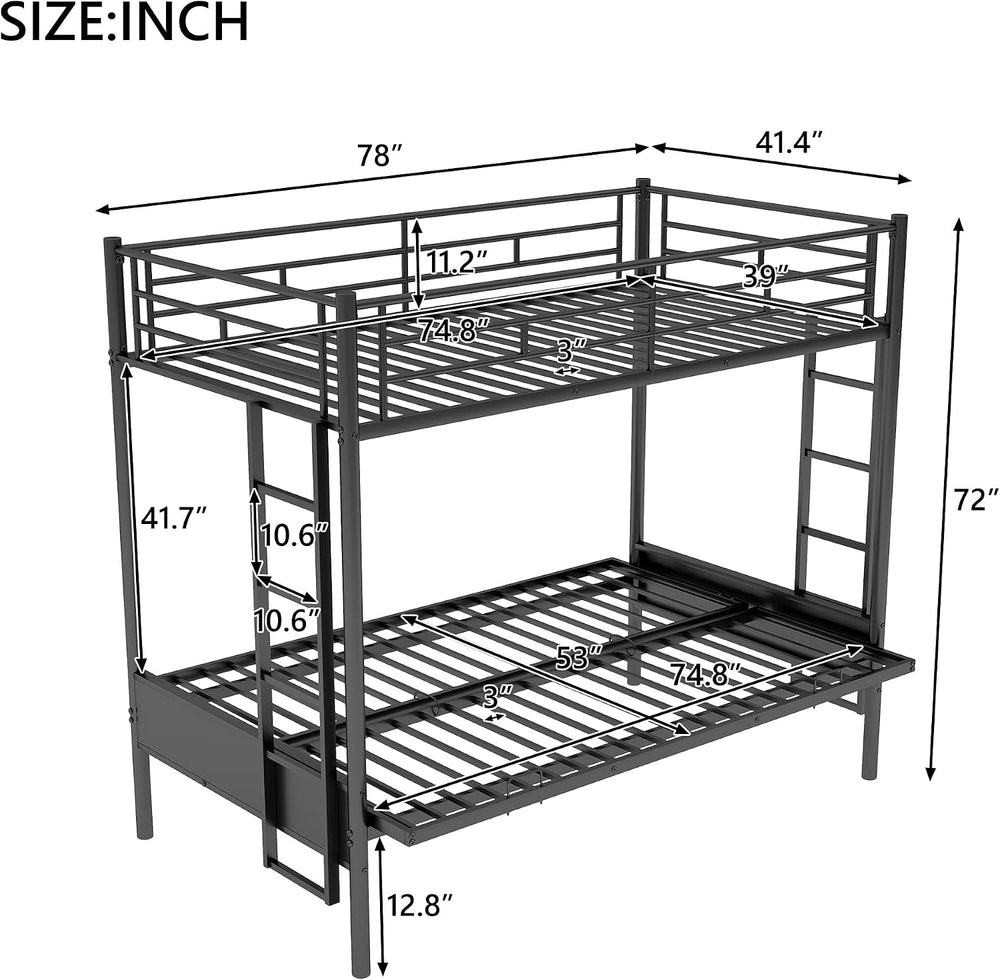 Bellemave Twin Over Futon bunk Bed, loft Bed with futon, Twin Over Full Futon...