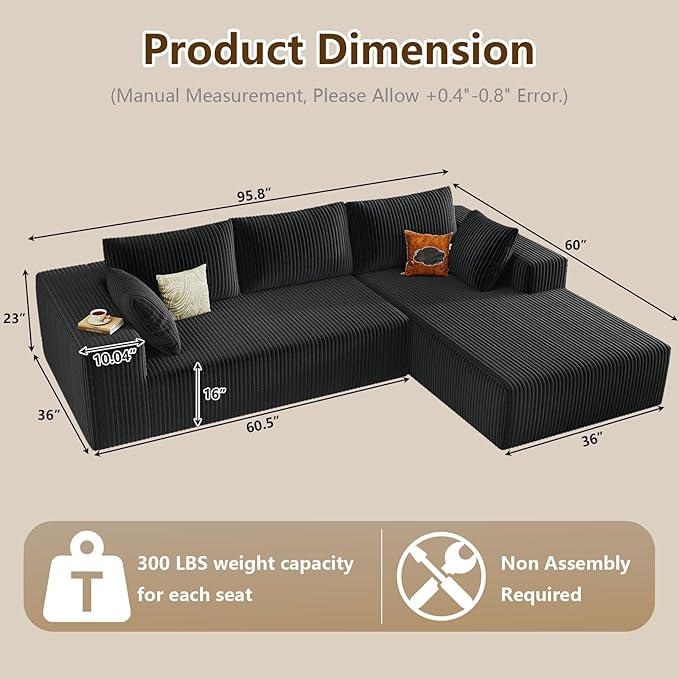 96" Modular Sectional Couch, Boneless L Shaped Cloud Sofa with Chaise Lo...