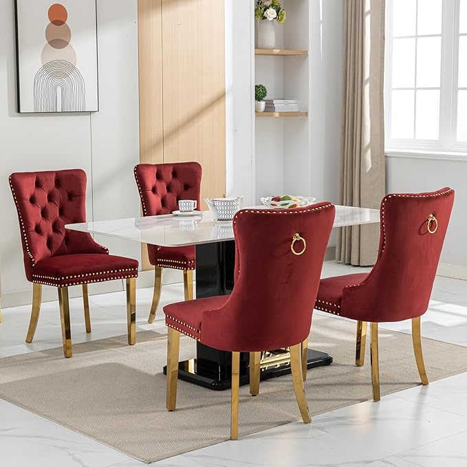 Luxury Upholstered Dining Chairs Set of 2, Red Kitchen Chair with Golden Meta...