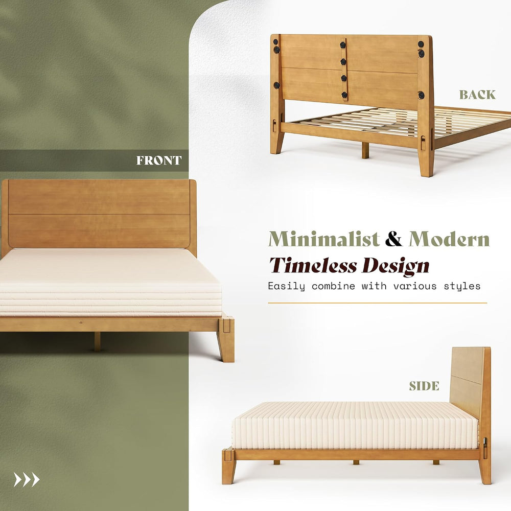 AMERLIFE Solid Wood Queen Bed Frame with Headboard, Japanese Joinery, Brown