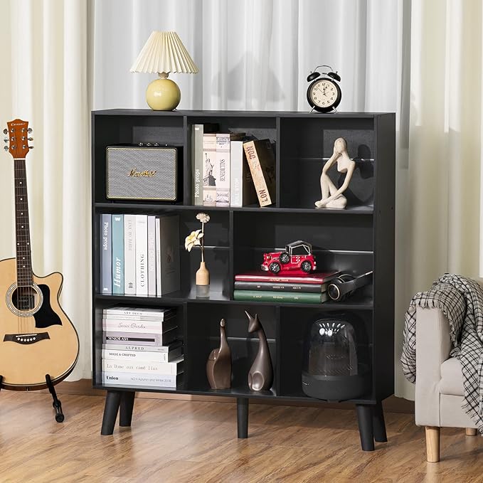 YAHARBO 8 Cube Bookshelf,3 Tier Bookcase with Legs,Black Mid-Century Modern B...