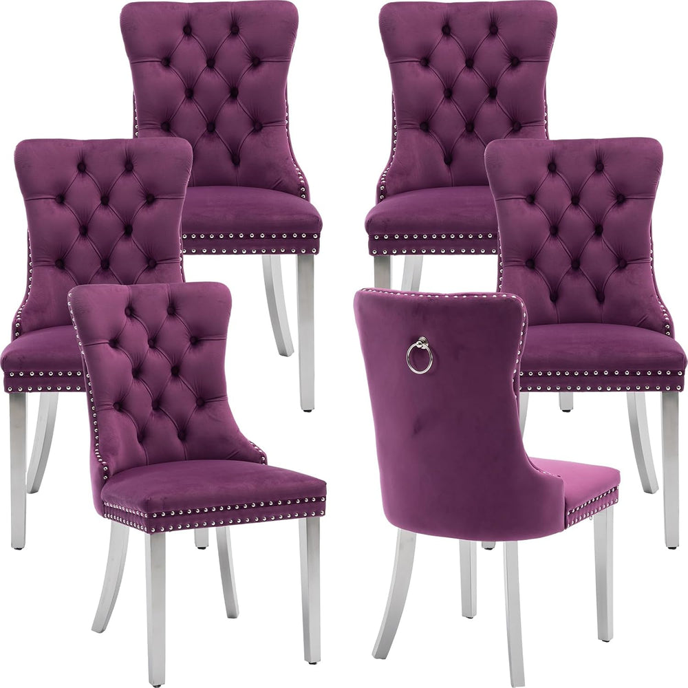 Luxury Upholstered Dining Chairs Set of 6, Purple Kitchen Chair with Silver M...