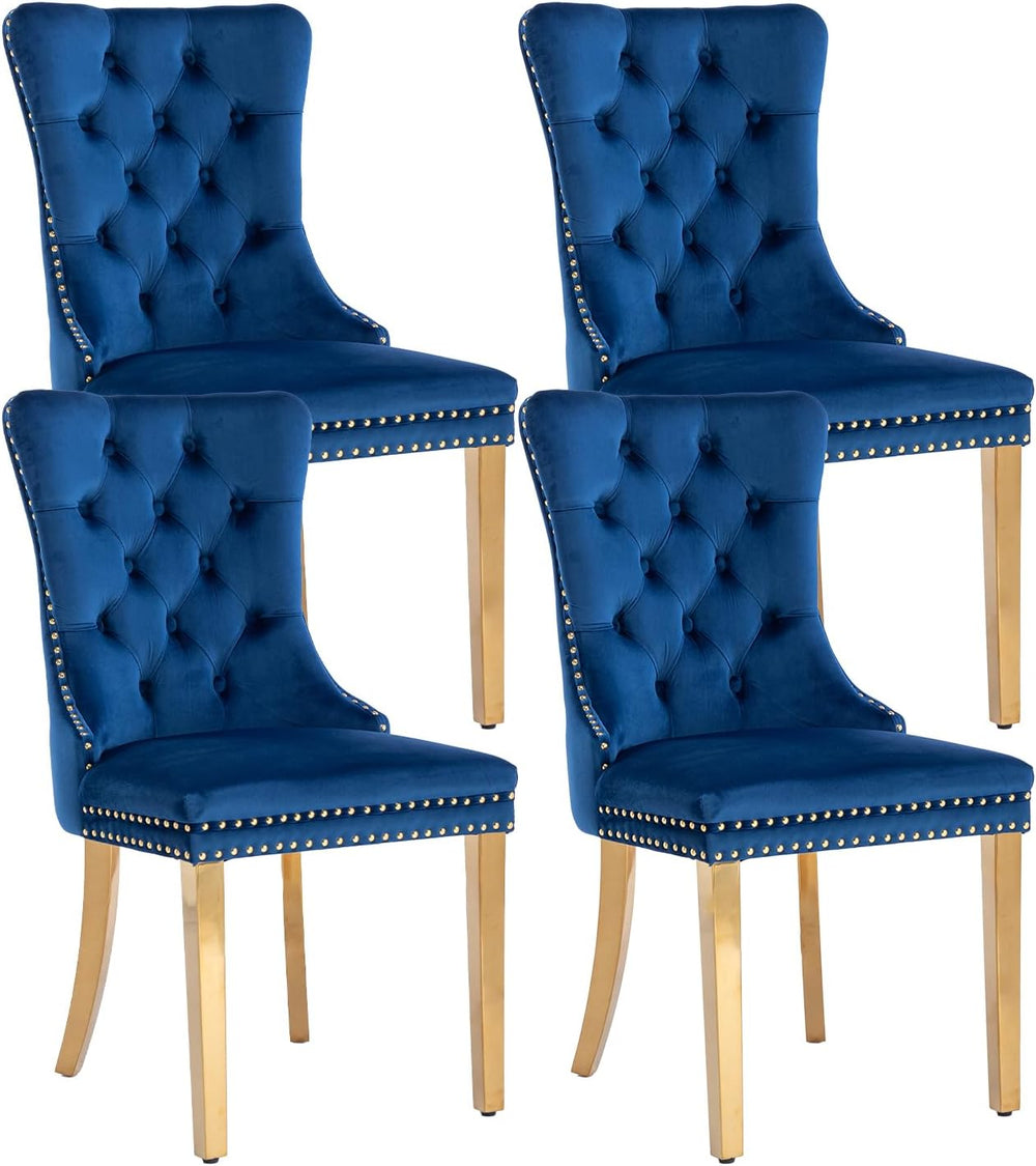 Blue Velvet Dining Chairs Set of 4, Dining Room Chairs Set of 4, Tufted Uphol...