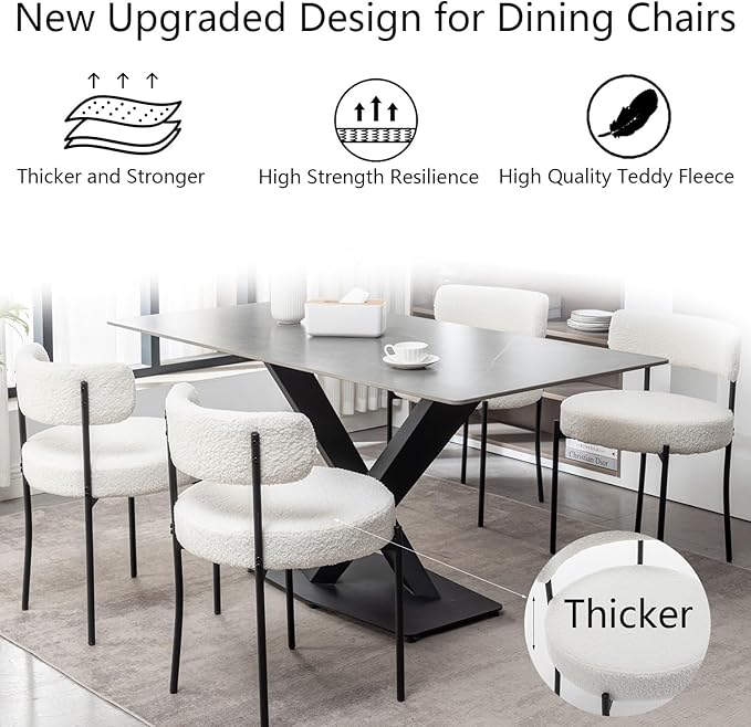 White Boucle Dining Chairs Set of 4, Upholstered Dining Room Chairs with Blac...