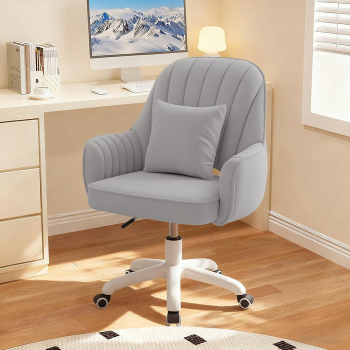 Mid-Back Velvet Desk Chair, Height Adjustable Swivel Vanity Chair with Wheels, Rolling Accent Chair for Home Office, Bedroom, Living Room, Grey