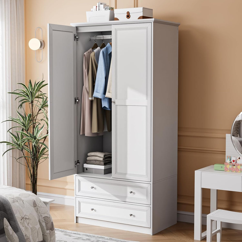 VINGLI 72" Wooden Armoire Wardrobe Closet with 2 Doors and 2 Drawers, White
