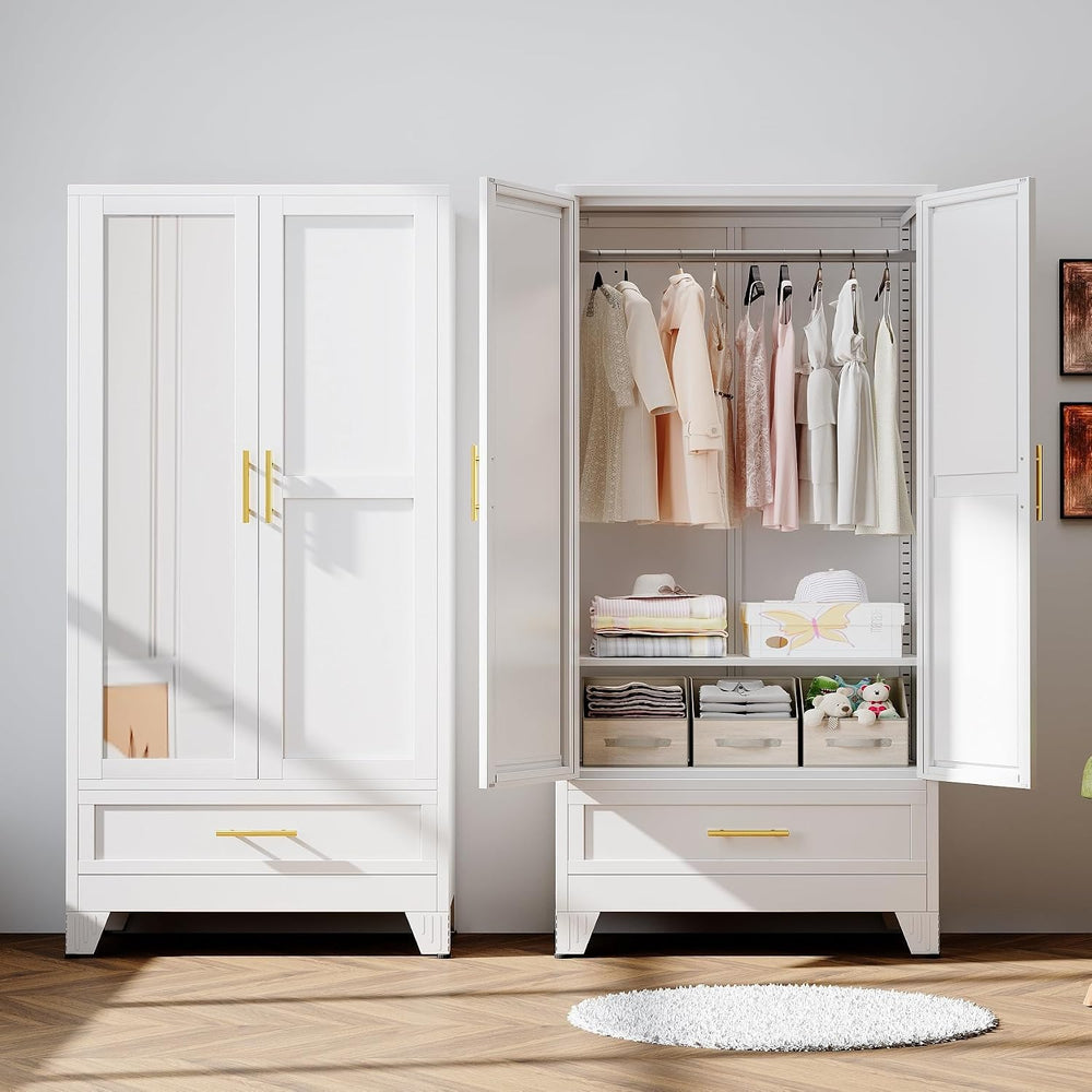 RIETERN Metal Armoire Wardrobe Closet, 71" Bedroom Closet with Mirror White