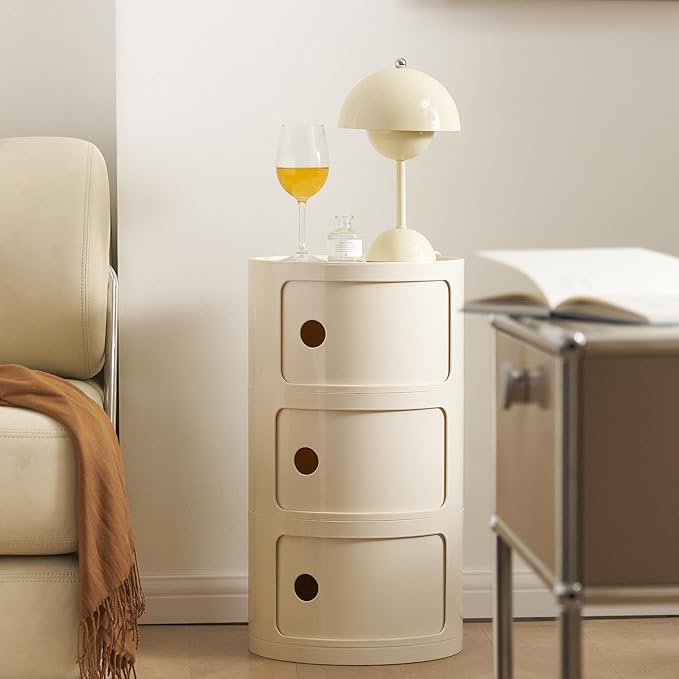 Round Nightstand with 3 Drawers, Modern Style Side Table, Multifunctional End...