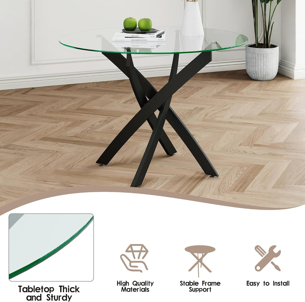 Modern Round Glass Dining Table Set for 4, 47'' Large Tempered Glass ...