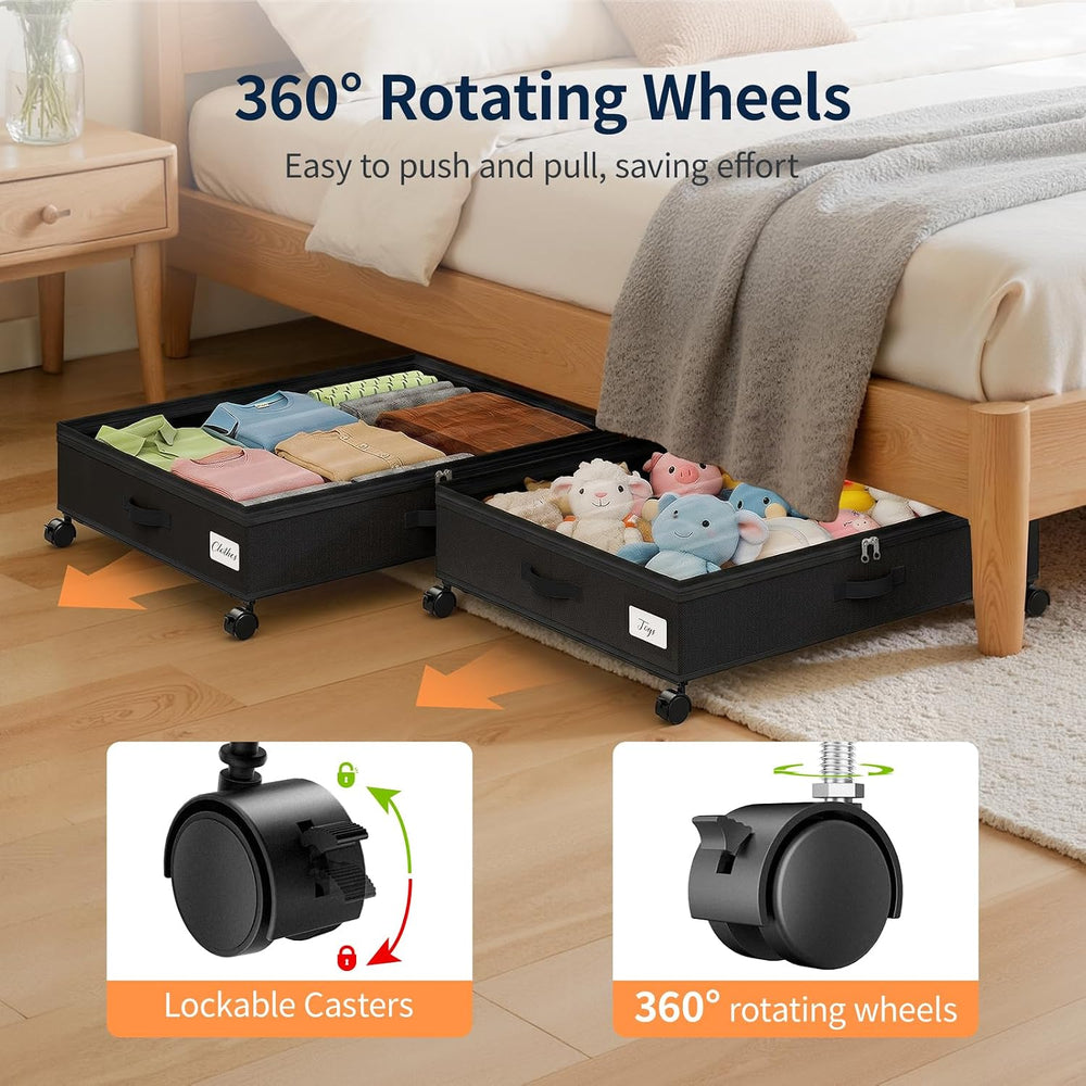Yecaye 80L Large Under Bed Storage Containers with Wheels, 2 Pack, Black