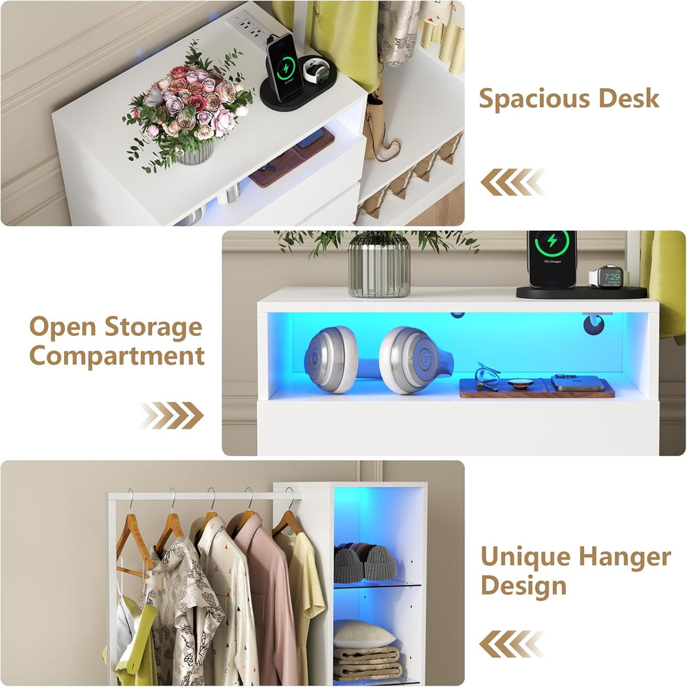 Wardrobe Dresser with Hanging Rack and Drawers, Led Wardrobe Dresser Combo
