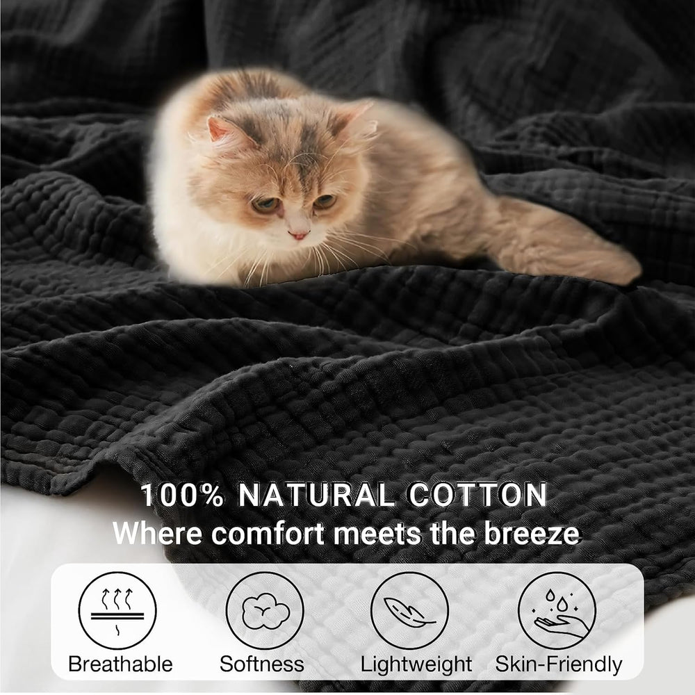 100% Cotton Muslin Blanket for Adults, 6-Layer Twin Throw, 60 x 80, Black