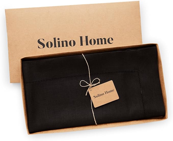 Solino Home Black Linen Tablecloth 52 x 52 Inch - 100% Pure Linen Square Tabl...