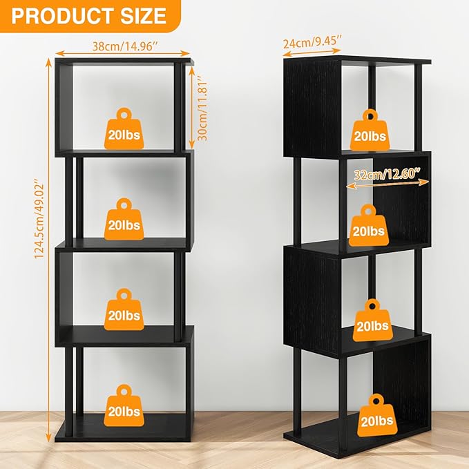 IBUYKE 5-Tier Tall Bookshelf,S-Shaped Geometric Bookcase, Wood Display Shelve...
