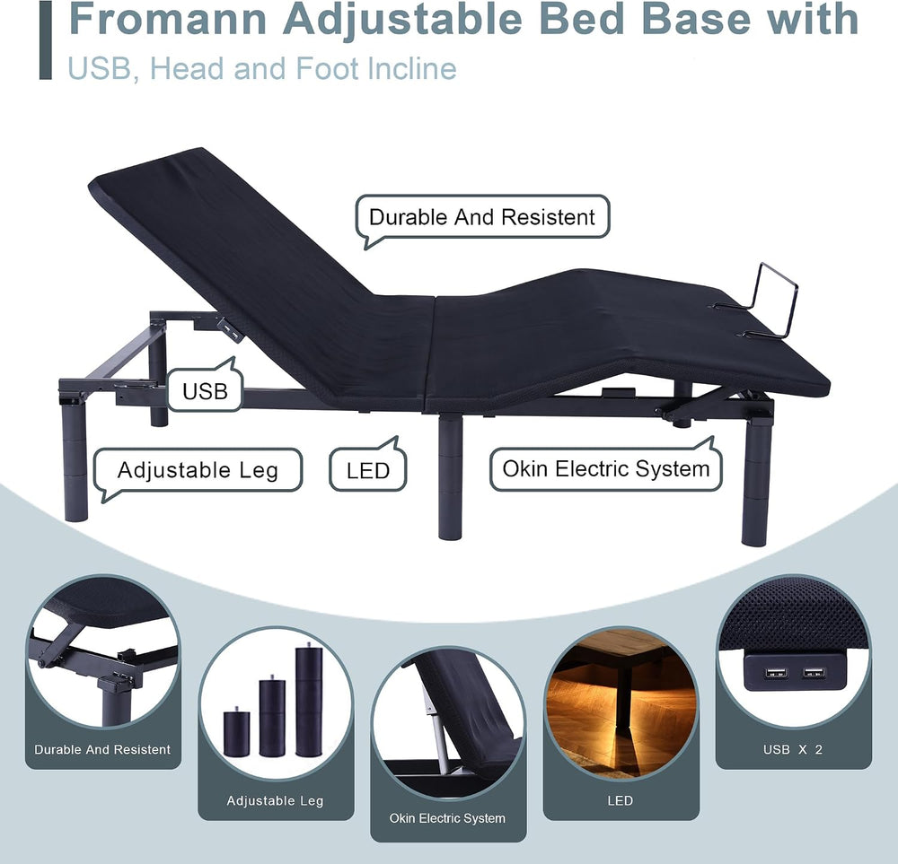 Fromann Adjustable Bed Frame Queen Bed Base for Bedroom, No Tools Assembly