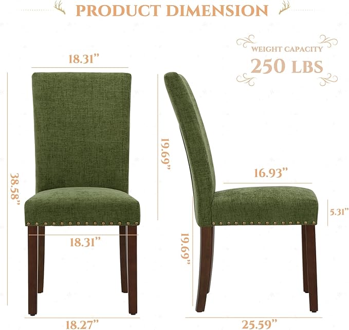Parsons Dining Chairs Set of 2, Upholstered Nailhead Dining Room Kitchen Side...