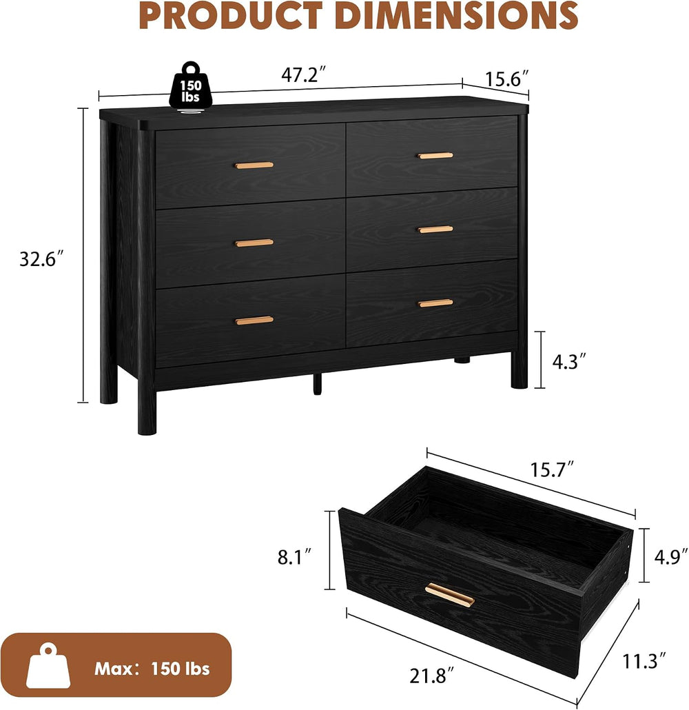 Garvee 6 Drawer Dresser, Modern Wooden Storage Chest of Drawers, Black