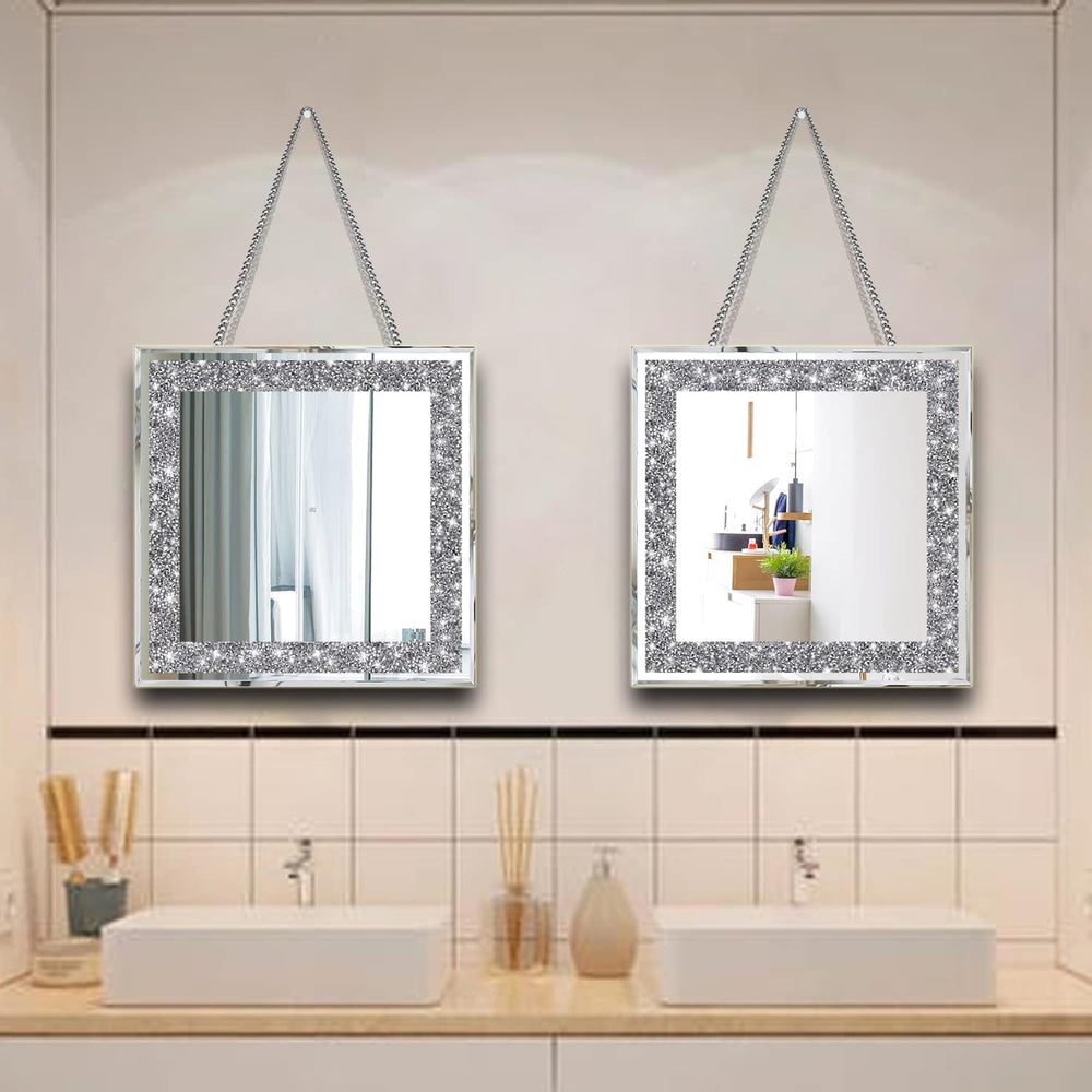 2 Piece Wall Mirrors, Crush Diamond Mirrors Decor, Silver Decorative for Livi...