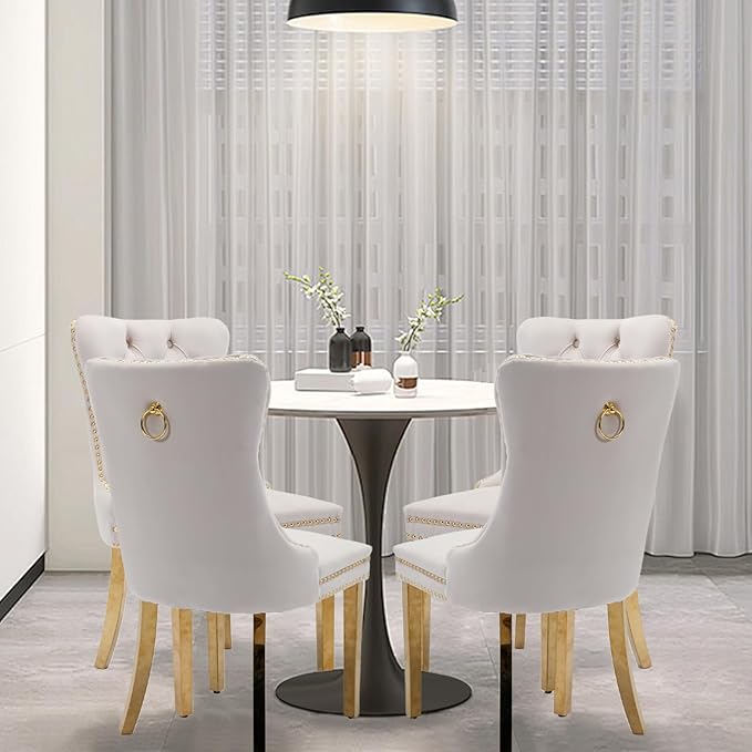 Velvet Upholstered Dining Chairs Set of 4, Modern Style Kitchen Side Chairs w...